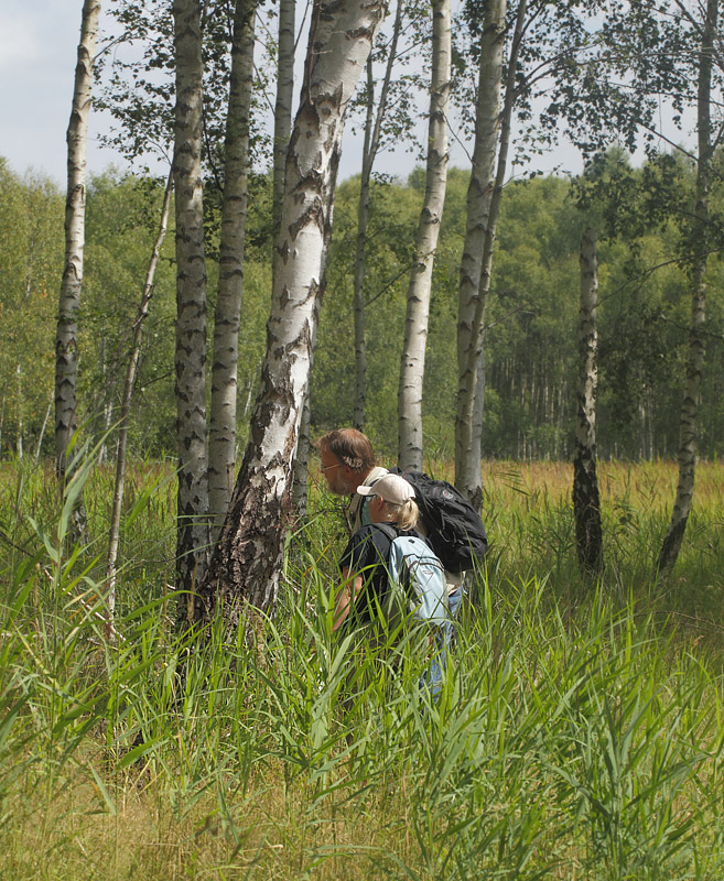 Linda Kjr-Thomsen og Lars Thomas kikker p smkryb. Pinseskoven, Amager d. 15 juli 2018. Fotograf; Lars Andersen