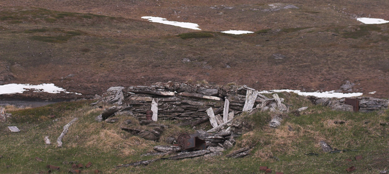 Lokalitet for Skiferblåfugl, Agriades glandon. En forladt Tysk udkikspost fra anden verdenskrig. Gurttejohka / Lullehacorru Rr 272A, Jukkasjärvi. Torneträsk nordbred, Norge. 29 juni 2007. Fotograf: Lars Andersen