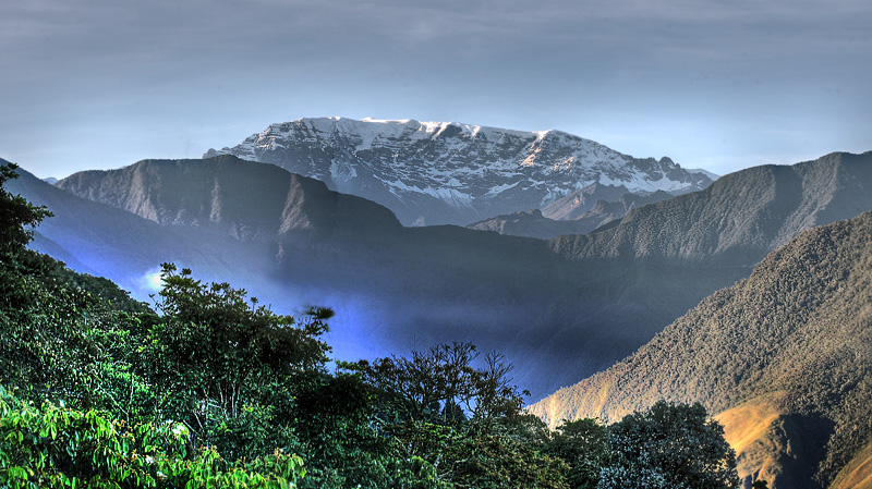 Mururata is a mountain in the Cordillera Real of Bolivia. Just hours South of La Paz, the Mururata lies to the East of the Illimani. Mururata, view from Coroico 5871 m.h. d. 7 February 2012. Photographer Lars Andersen