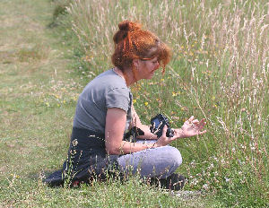 Fotograf i færd med at fotograferer Foranderlig blåfugl. Melby Overdrev d. 24 juni 2005. Fotograf: Lars Andersen