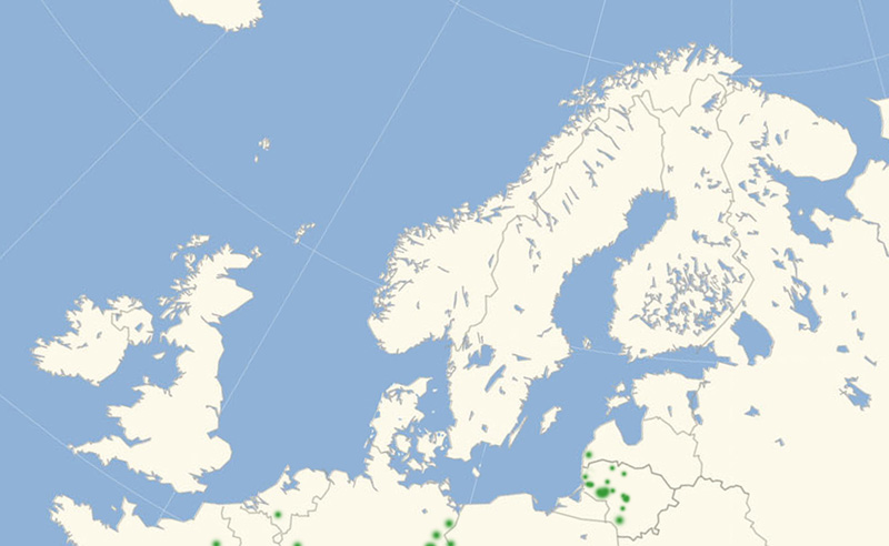 Kvsurtblfugl udbredelse i Nordeuropa 2010-17. Kort lavet i april 2017 af Lars Andersen