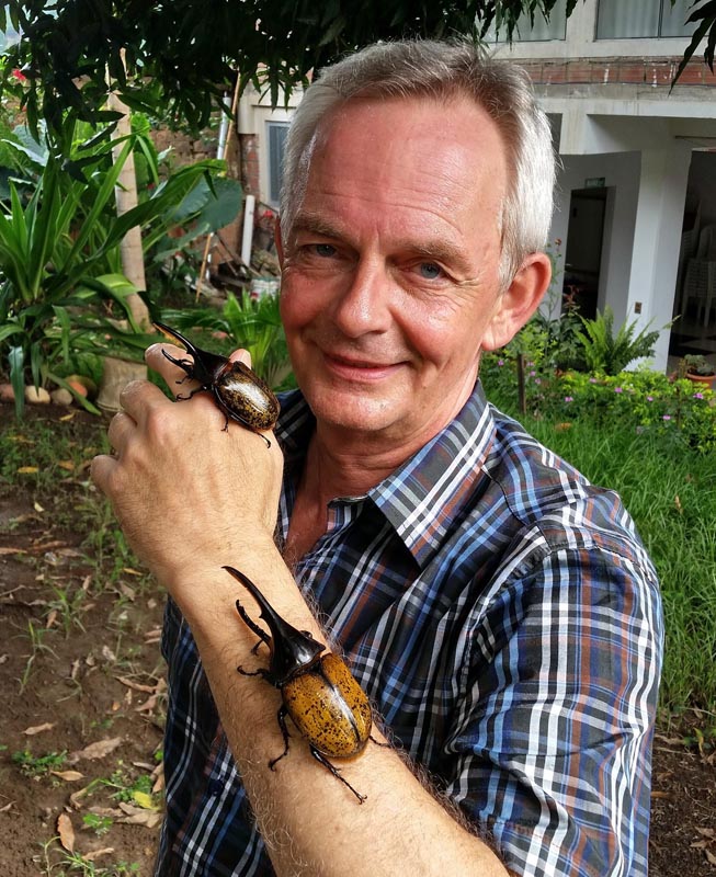 Peter Møllmann and Hercules beetle, Dynastes hercules (Linnaeus, 1758). Caranavi, Yungas, Bolivia February 17, 2016. Photographer; Peter Møllmann