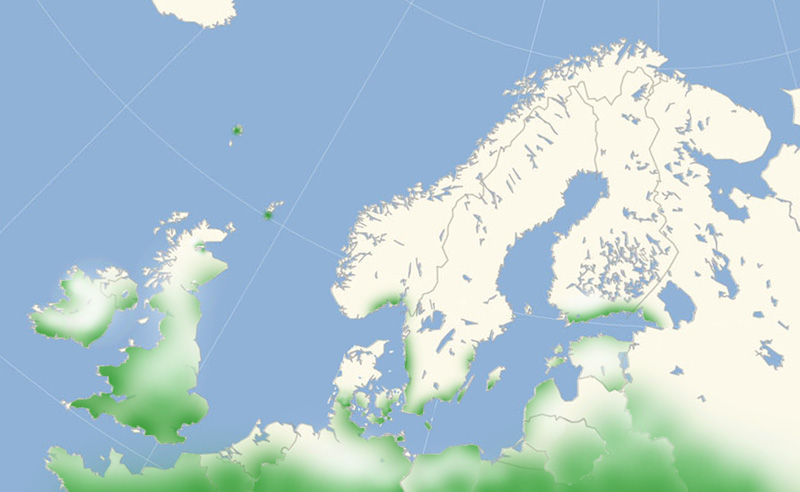 Orange Hsommerfugl nordeuropisk udbredelseskort lavet af Lars Andersen november 2016.