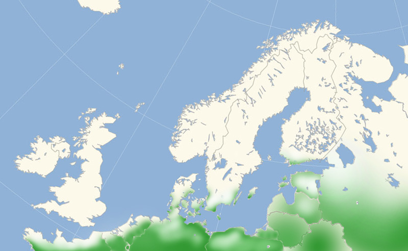 Gul Høsommerfugl nordeuropæisk udbredelseskort lavet af Lars Andersen november 2016.