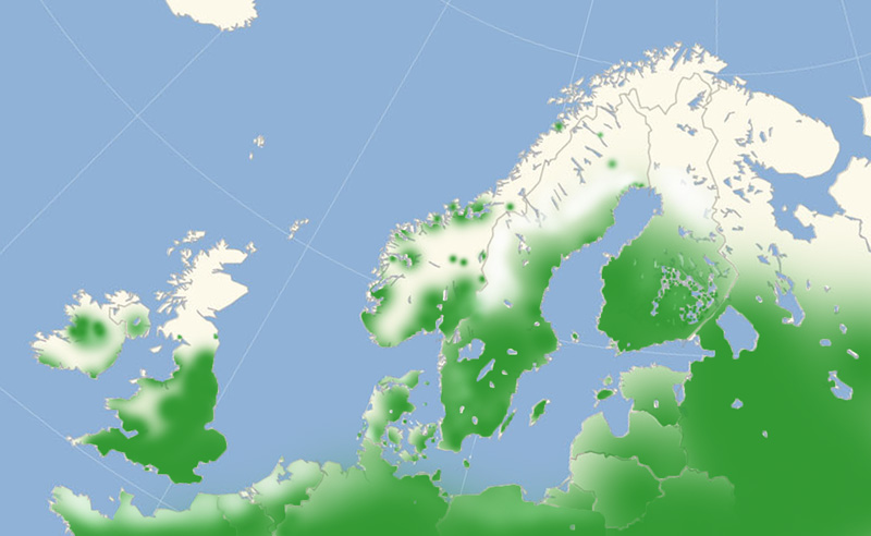 Citronsommerfugl nordeuropisk udbredelseskort lavet af Lars Andersen november 2016.