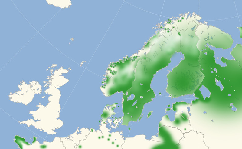 Foranderlig Blåfugl, Plebejus idas udbredelse i Nordeuropa.