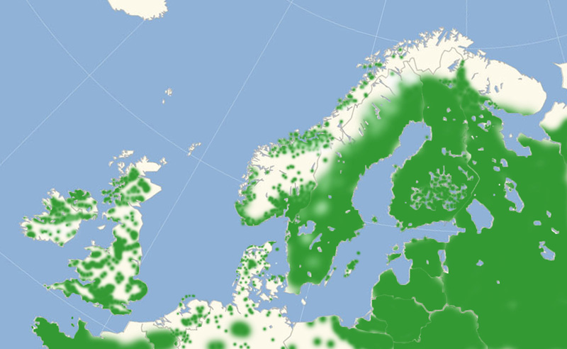 Nordeuropisk udbredelseskort lavet af; Lars Andersen maj 2018