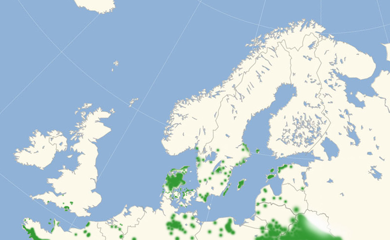 Okkergul Pletvinge udbredelse i Nordeuropa 2010-17. Kort lavet i juni 2017 af Lars Andersen