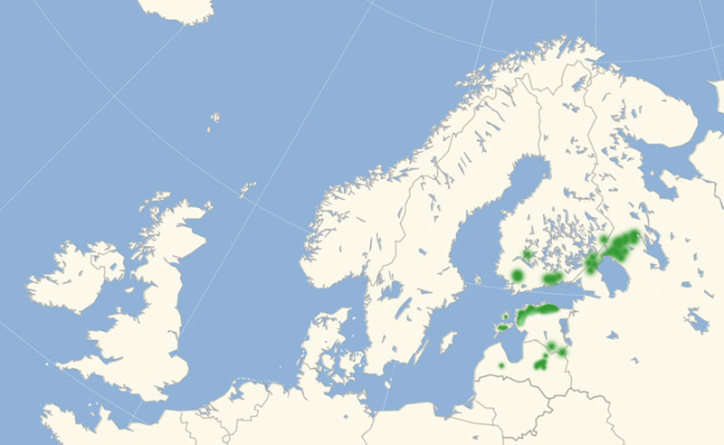 Harlekinperlemorsommerfugl Nordeuropisk udbredelseskort lavet af Lars Andersen juli 2017.