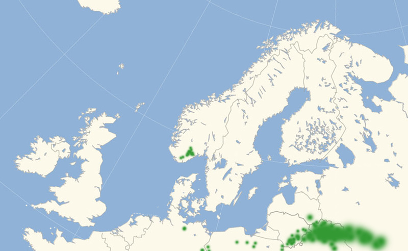 Nordeuropæisk udbredelseskort over Klipperandøje, juli 2017 lavet af Lars Andersen