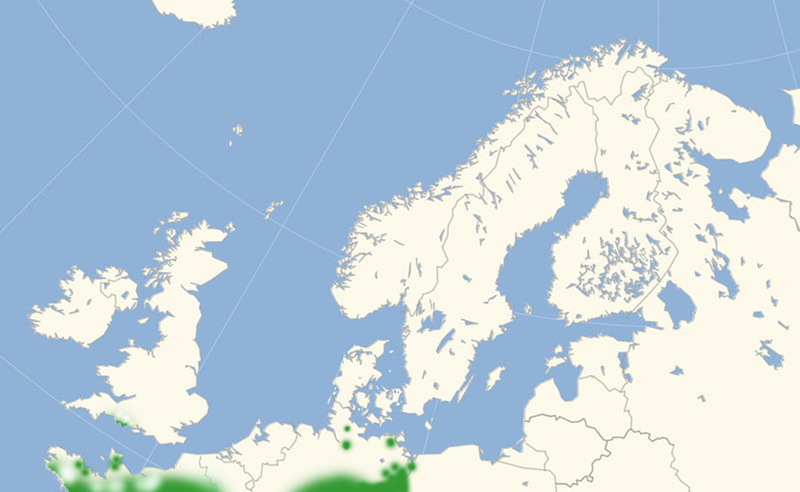 Mrk Skrstregbredpande udbredelse i Nordeuropa 2010-16. Kort lavet i february 2017 af Lars Andersen