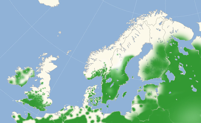 Kejserkåbe udbredelse i Nordeuropa 2010-17. Kort lavet i july 2017 af Lars Andersen